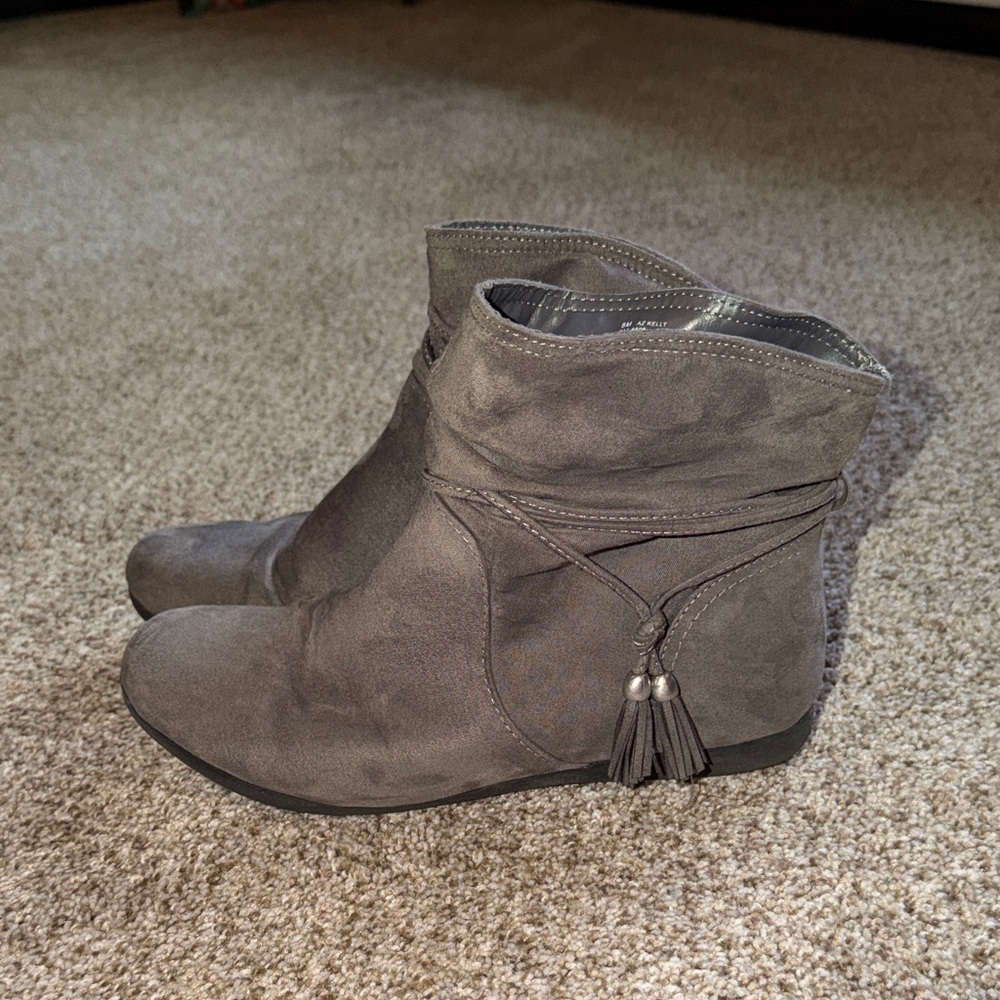 Suede-Look Gray Ankle Booties with Tassel Wrap